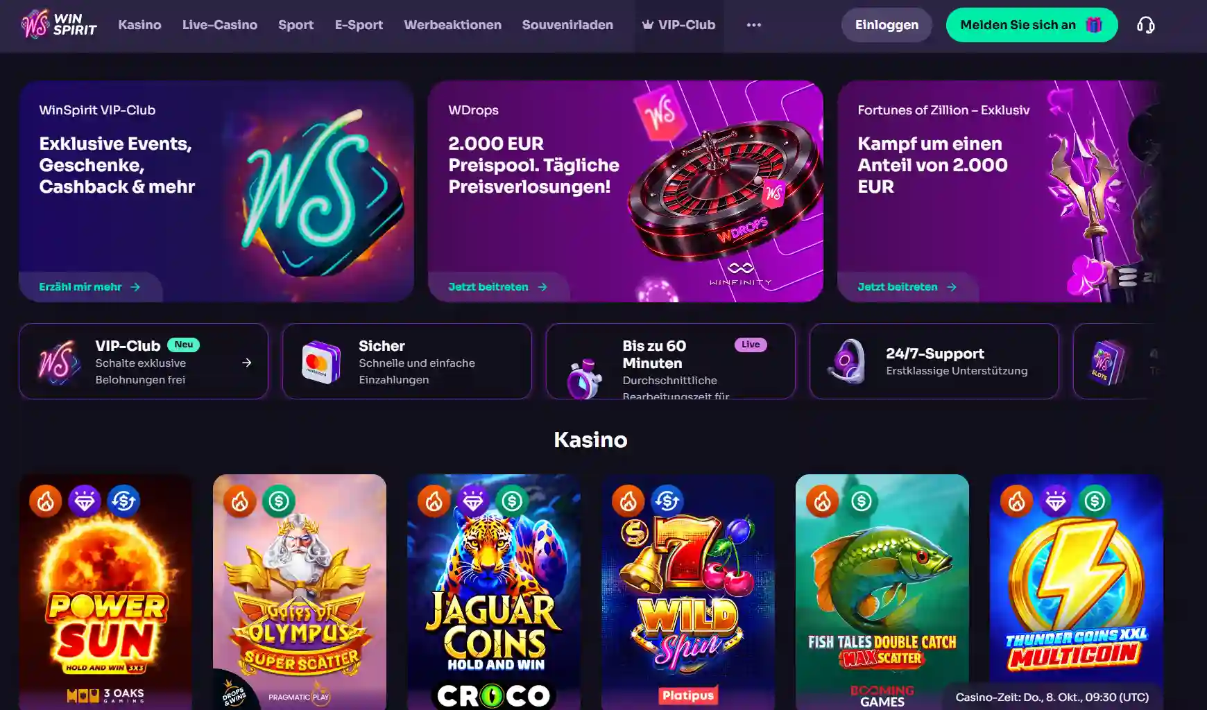Öffentliche WinSpirit-Startseite mit Website-Navigation und Spielkategorien im Browser