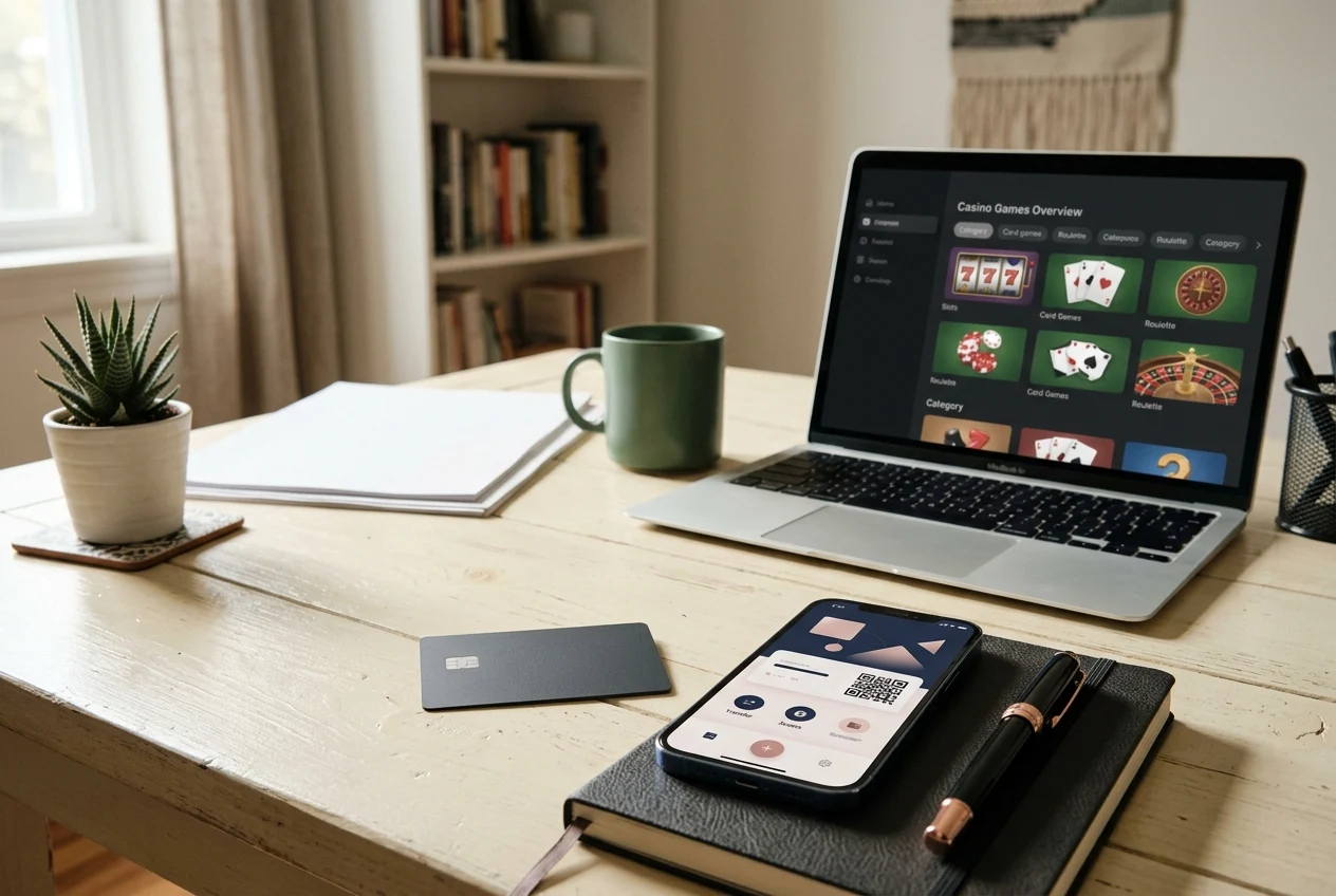 Bankkarte und Smartphone mit abstrakter Wallet-Anzeige vor einem Laptop