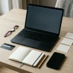 Schreibtisch mit Laptop, leerem Notizbuch, schlichter Bankkarte und neutralem Smartphone