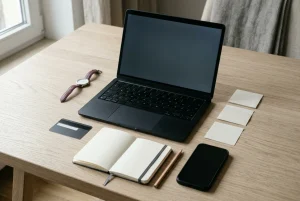 Schreibtisch mit Laptop, leerem Notizbuch, schlichter Bankkarte und neutralem Smartphone