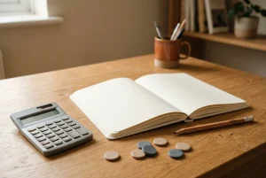Notizbuch mit leeren Tabellenfeldern, neutrale Spielchips und Taschenrechner auf einem Holztisch