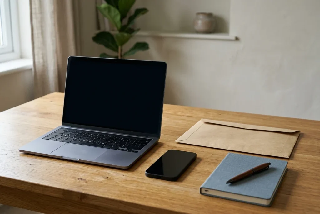Schreibtisch mit geschlossenem Dokumentenumschlag, Smartphone und Notizbuch neben einem unbeschrifteten Laptop
