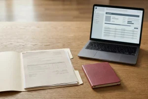 Dokumentenmappe neben Laptop mit abstrahiertem Registerfenster auf einem Schreibtisch