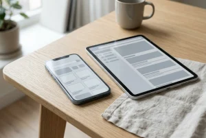 Smartphone neben Tablet auf einem hellen Holztisch, beide mit abstrakten unbeschrifteten Browserflächen