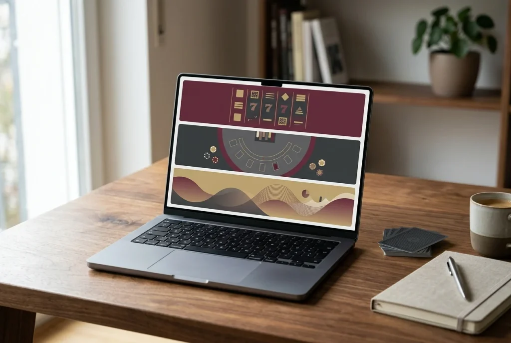 Neutraler Schreibtisch mit Laptop und abstrakten Spielsymbolen auf einem farbarmen Bildschirm