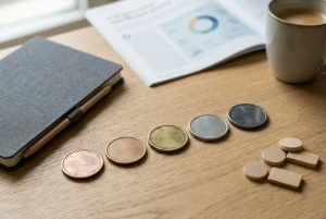 Fünf schlichte farbige Spielmarken neben einem geschlossenen Notizbuch und neutralen Zählsteinen auf einem Holztisch
