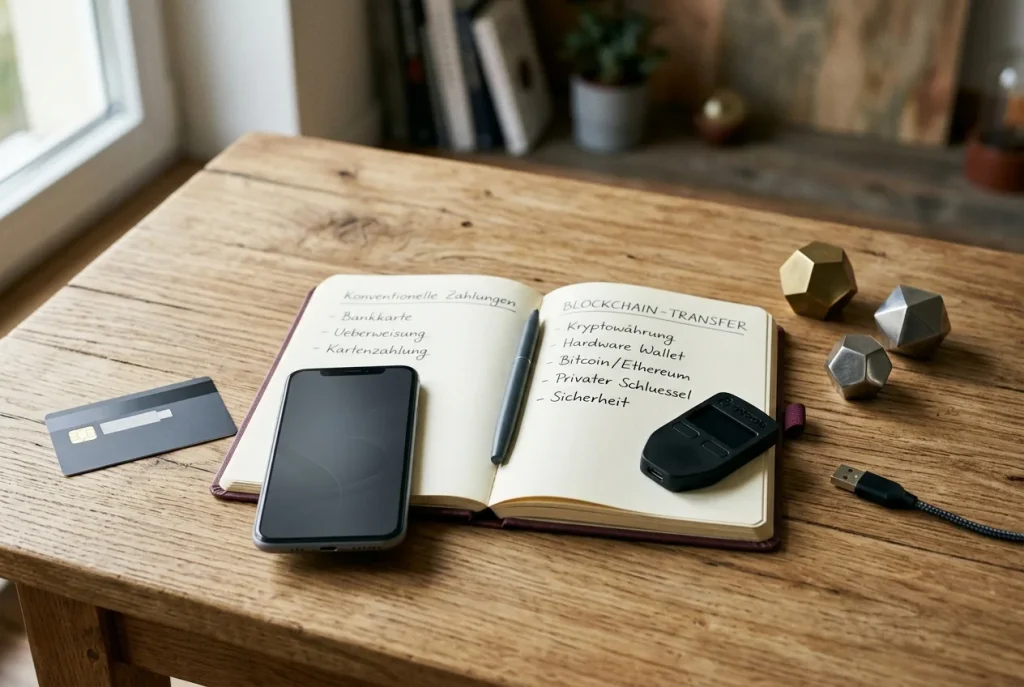 Bankkarte und Smartphone neben neutraler Hardware-Wallet und handschriftlichem Notizbuch
