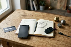 Bankkarte und Smartphone neben neutraler Hardware-Wallet und handschriftlichem Notizbuch